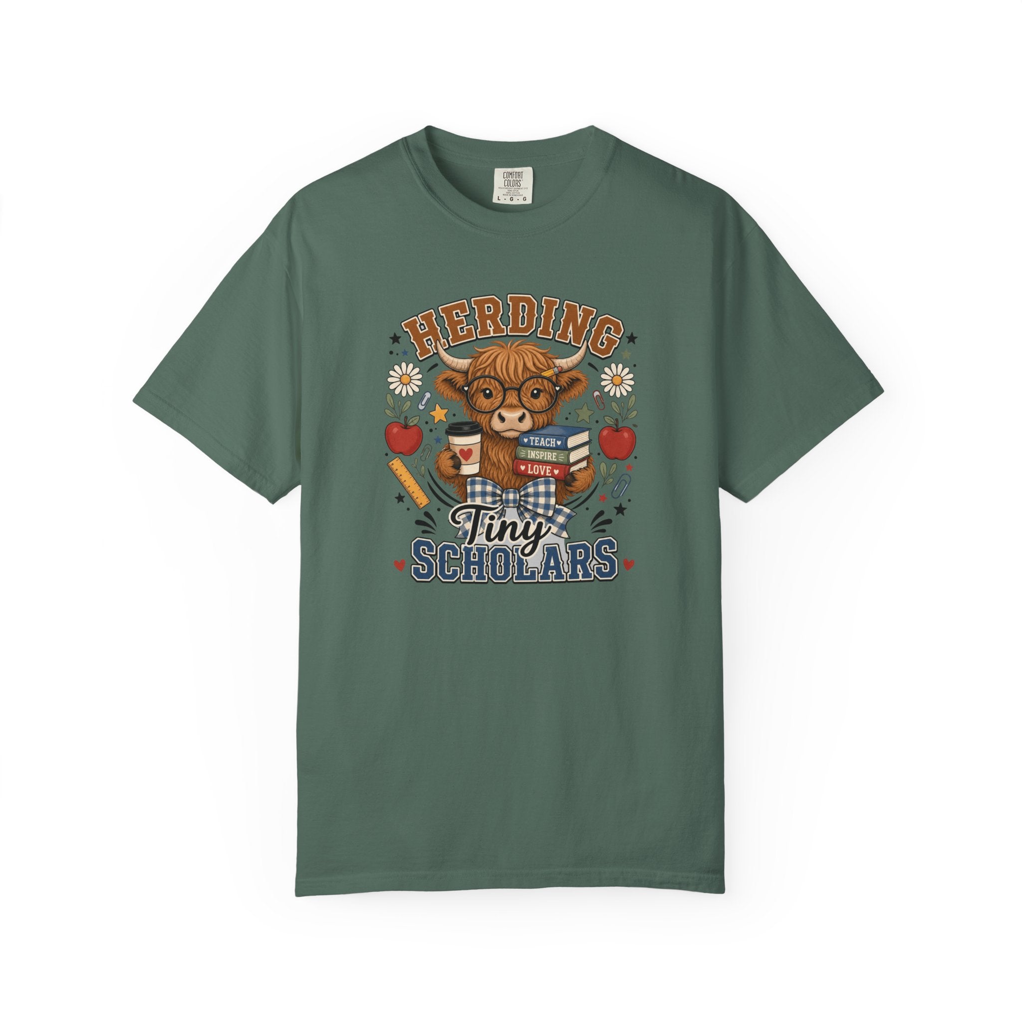 Herding Tiny Scholars Teacher Shirt | Highland Cow Graphic Tee | Back to School Teacher T-Shirt
