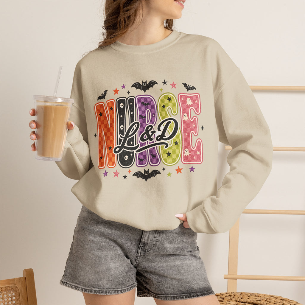 L&D Labor and Delivery Nurse Halloween Sweatshirt, Retro Spooky Baby Nurse Crewneck
