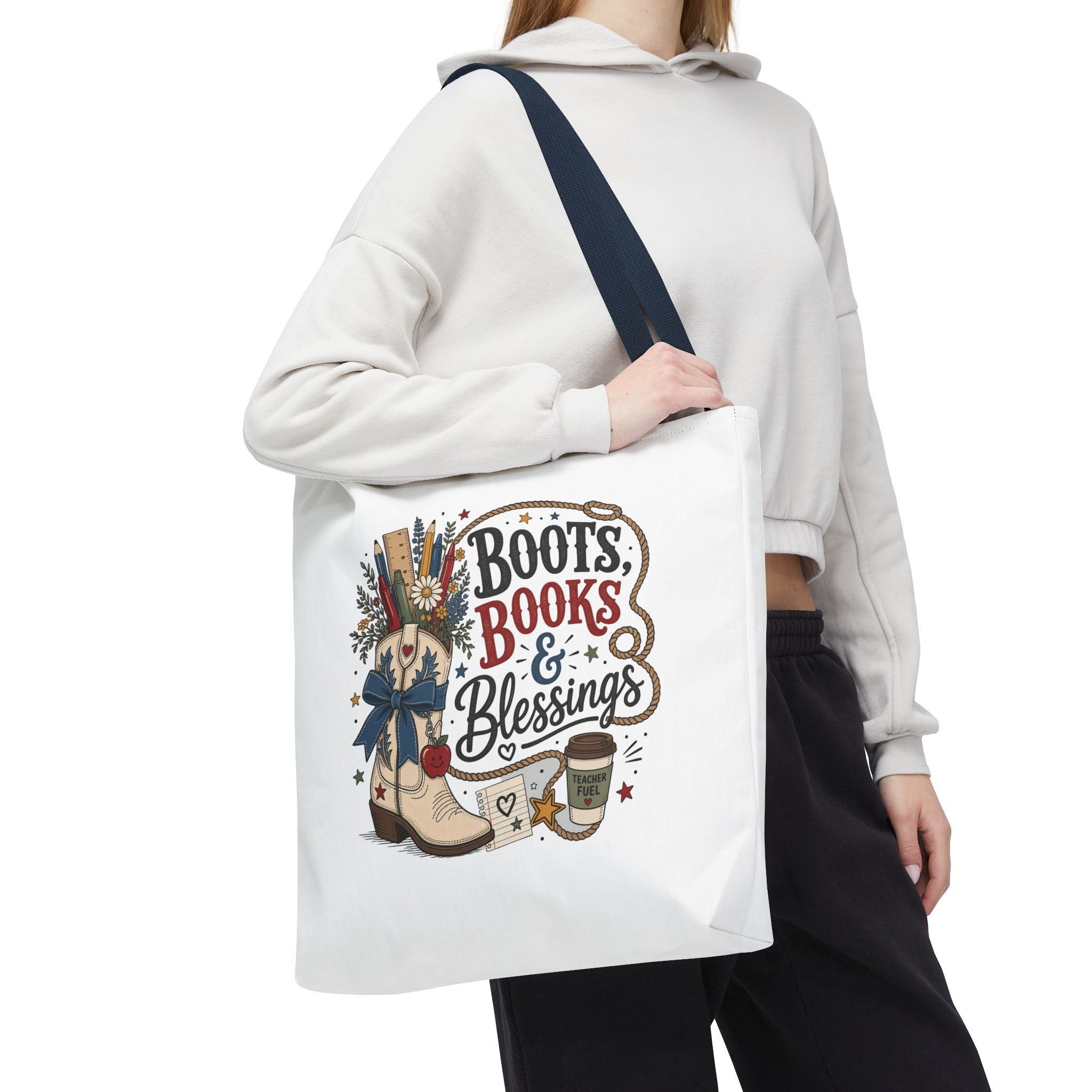 Boots Books and Blessings Western Cowgirl Teacher Canvas Tote Bag | Back to School Teacher Gift