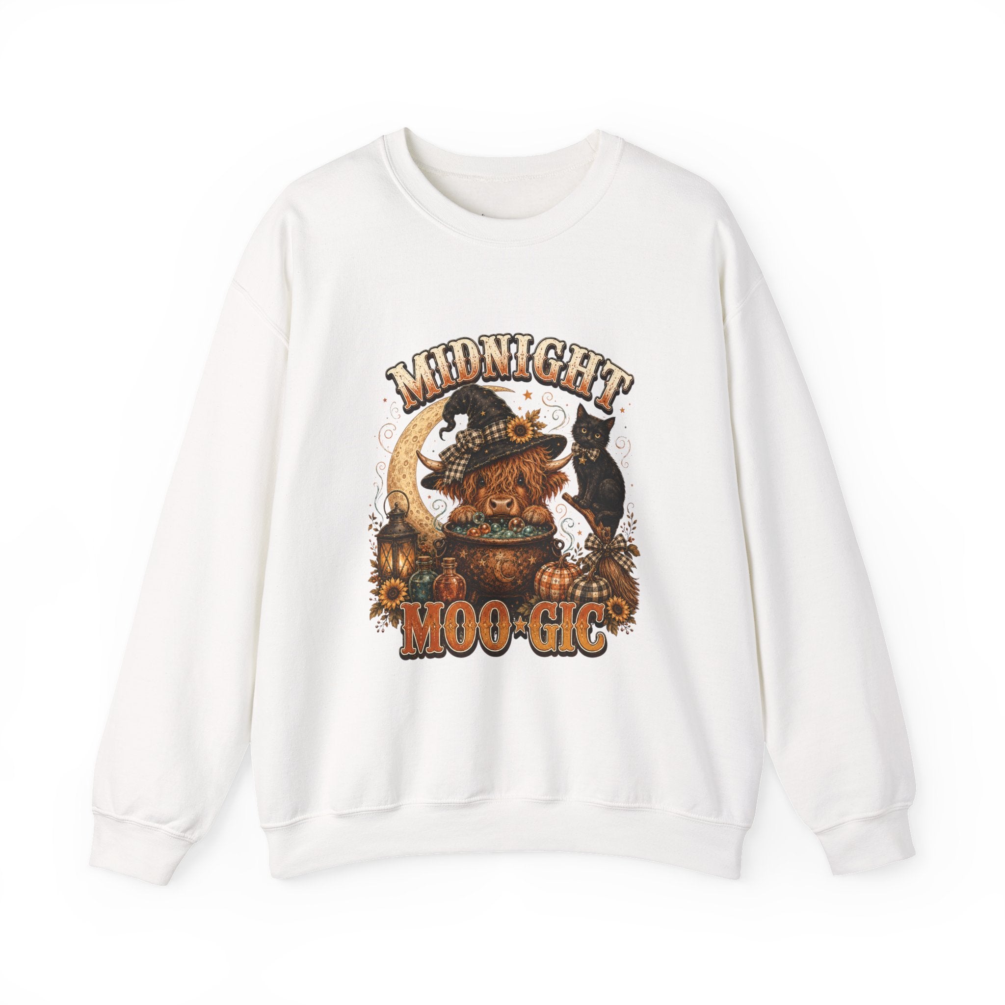 Halloween Highland Cow Sweatshirt, Midnight Moo-gic Witchy Black Cat Pumpkin Graphic