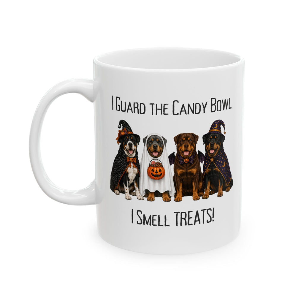 Halloween Dog Mug, I Guard The Candy Bowl Treats Coffee Cup, Rottweiler Lover Gift