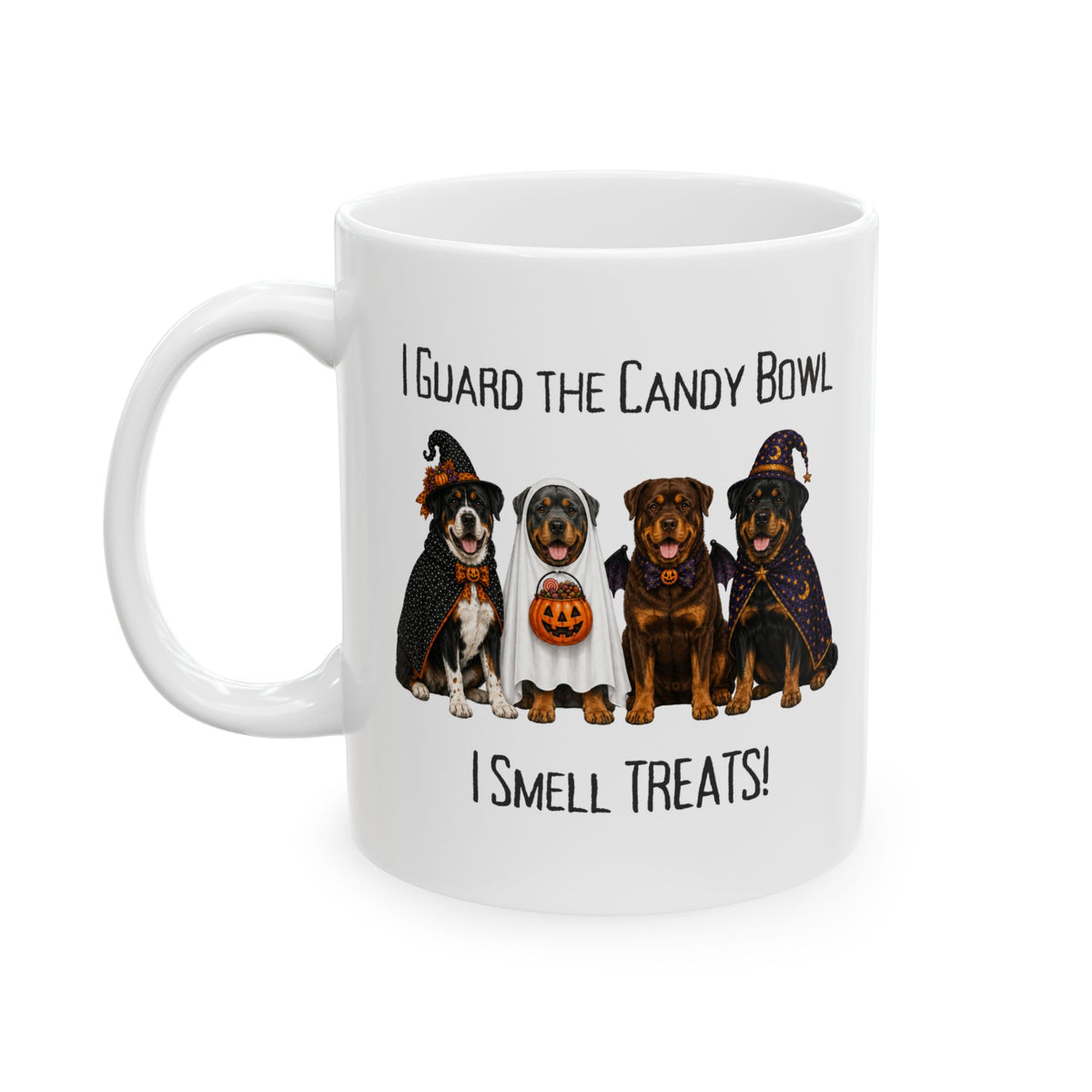 Halloween Dog Mug, I Guard The Candy Bowl Treats Coffee Cup, Rottweiler Lover Gift