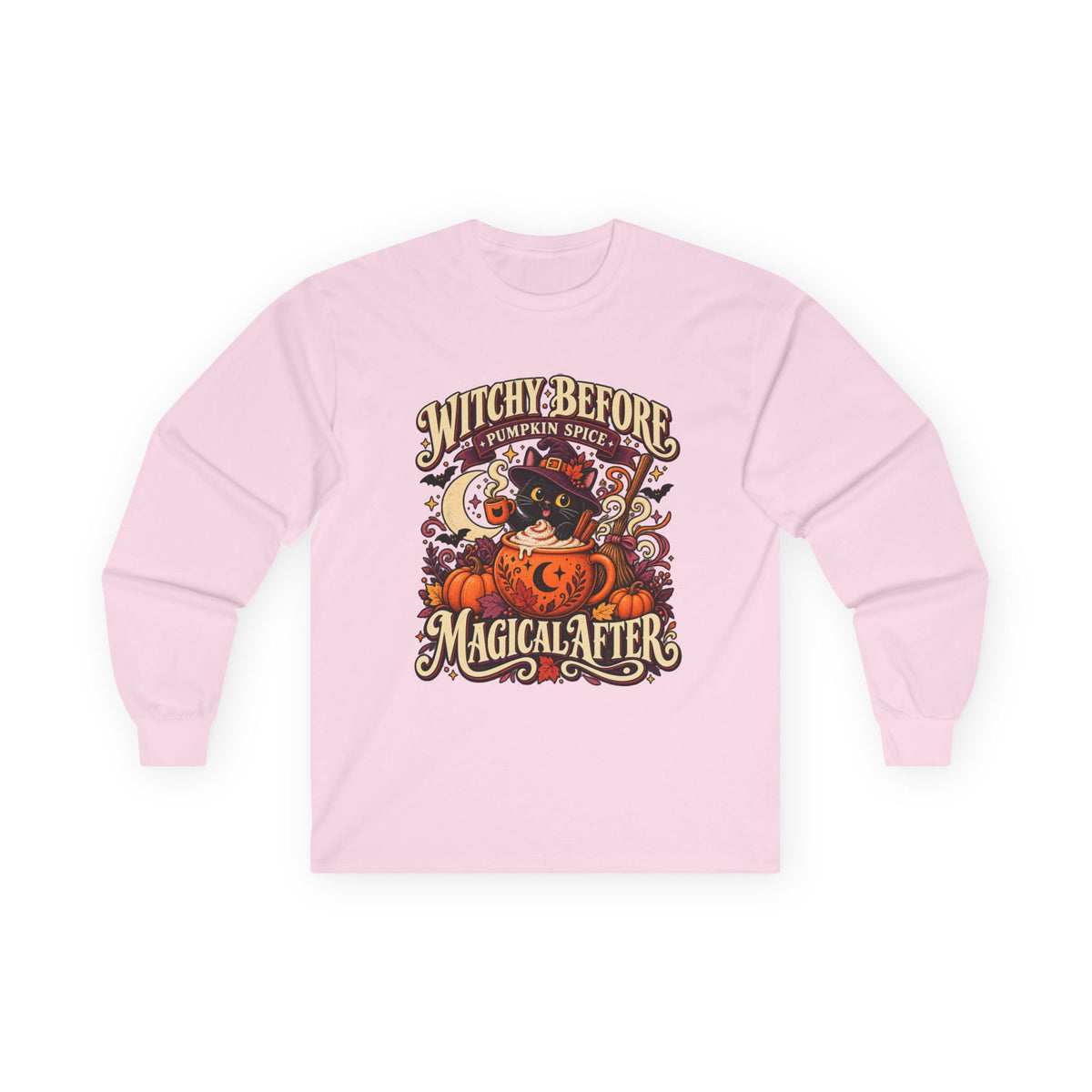 Halloween Long Sleeve, Witchy Pumpkin Spice Pullover, Black Cat Coffee Fall Graphic
