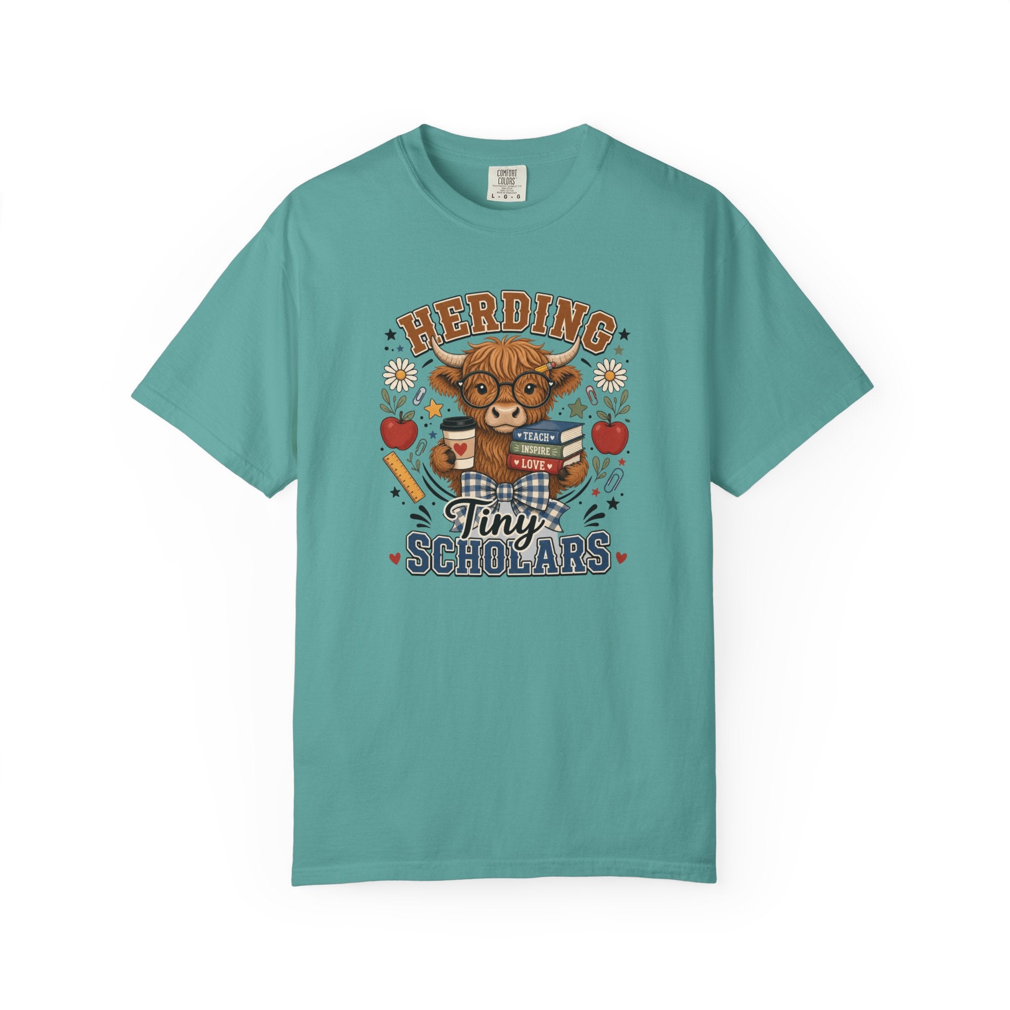 Herding Tiny Scholars Teacher Shirt | Highland Cow Graphic Tee | Back to School Teacher T-Shirt