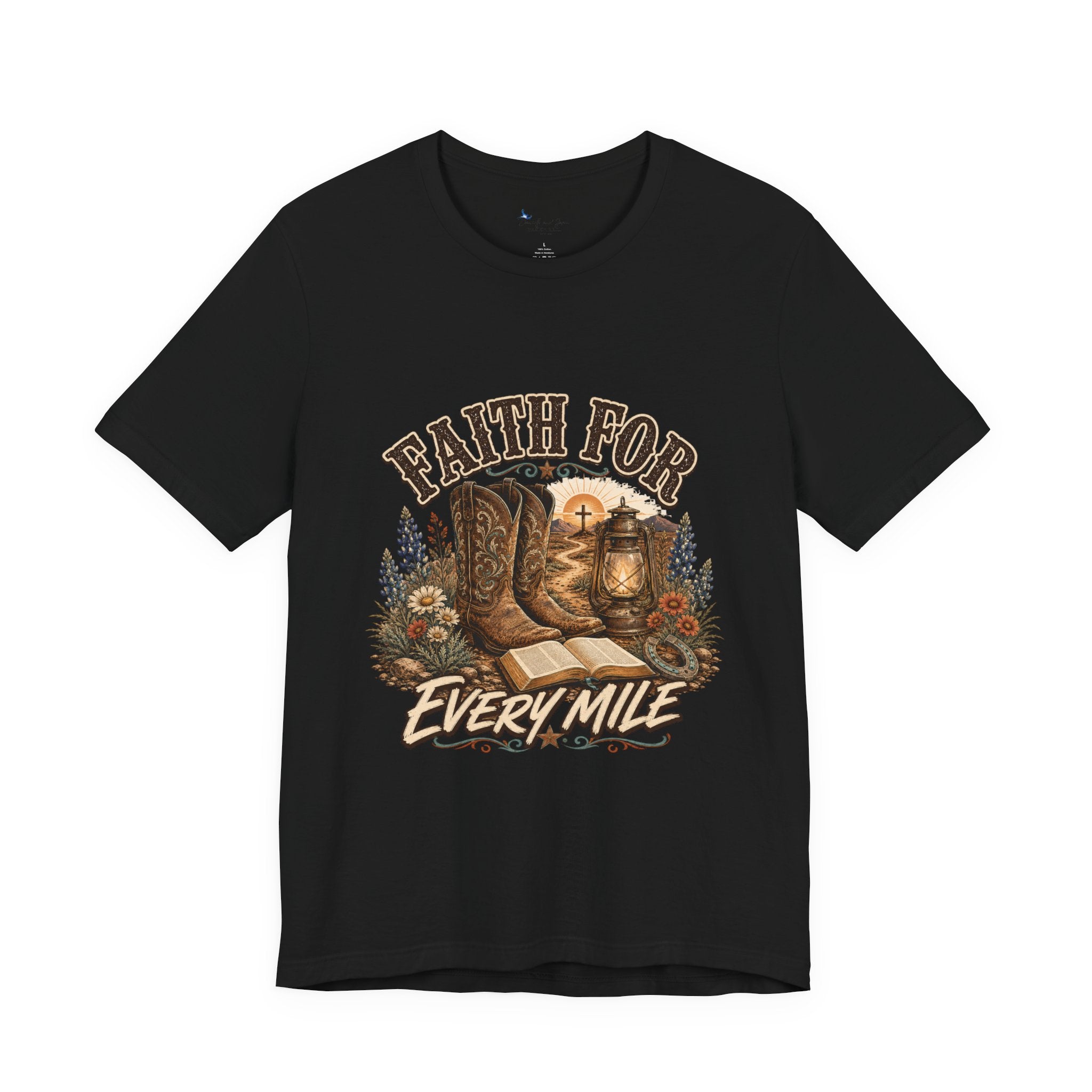 Christian Western Shirt, Faith Every Mile Tee, Cowgirl Bible Boots Lantern Graphic
