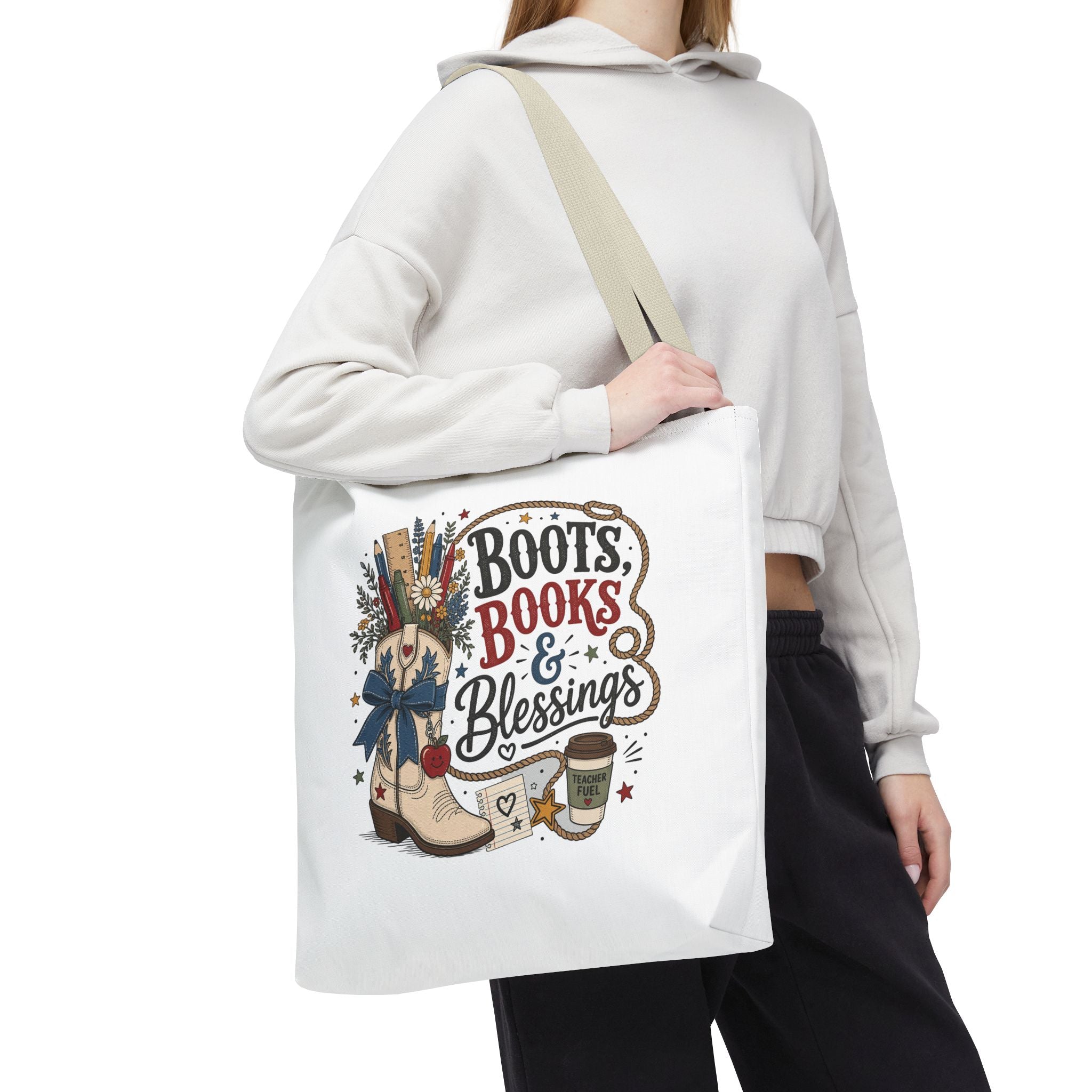 Boots Books and Blessings Western Cowgirl Teacher Canvas Tote Bag | Back to School Teacher Gift