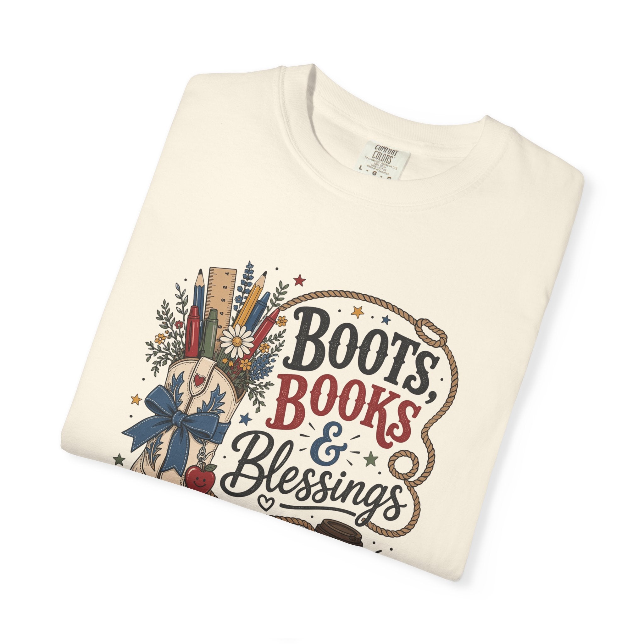 Boots, Books & Blessings Teacher Shirt, Western Cowgirl Classroom Tee, Back to School Faith Graphic Shirt