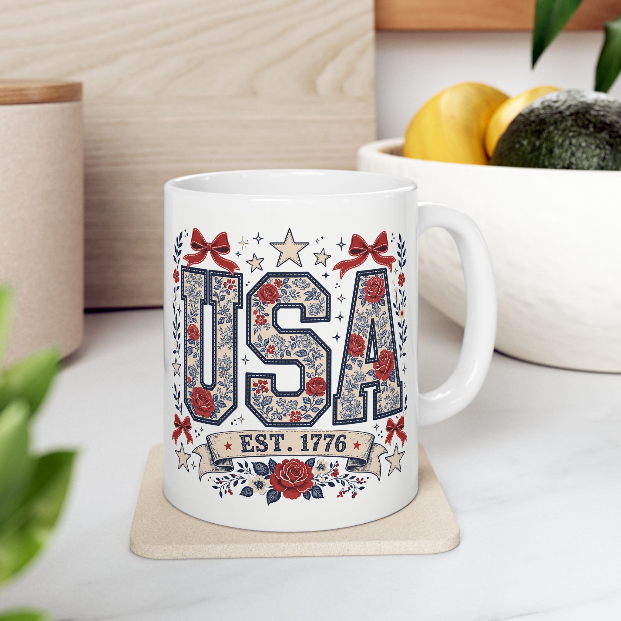 USA Floral Patriotic Ceramic Mug