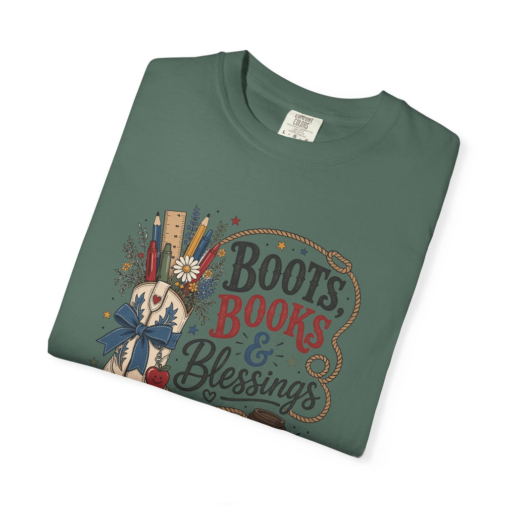 Boots, Books & Blessings Teacher Shirt, Western Cowgirl Classroom Tee, Back to School Faith Graphic Shirt