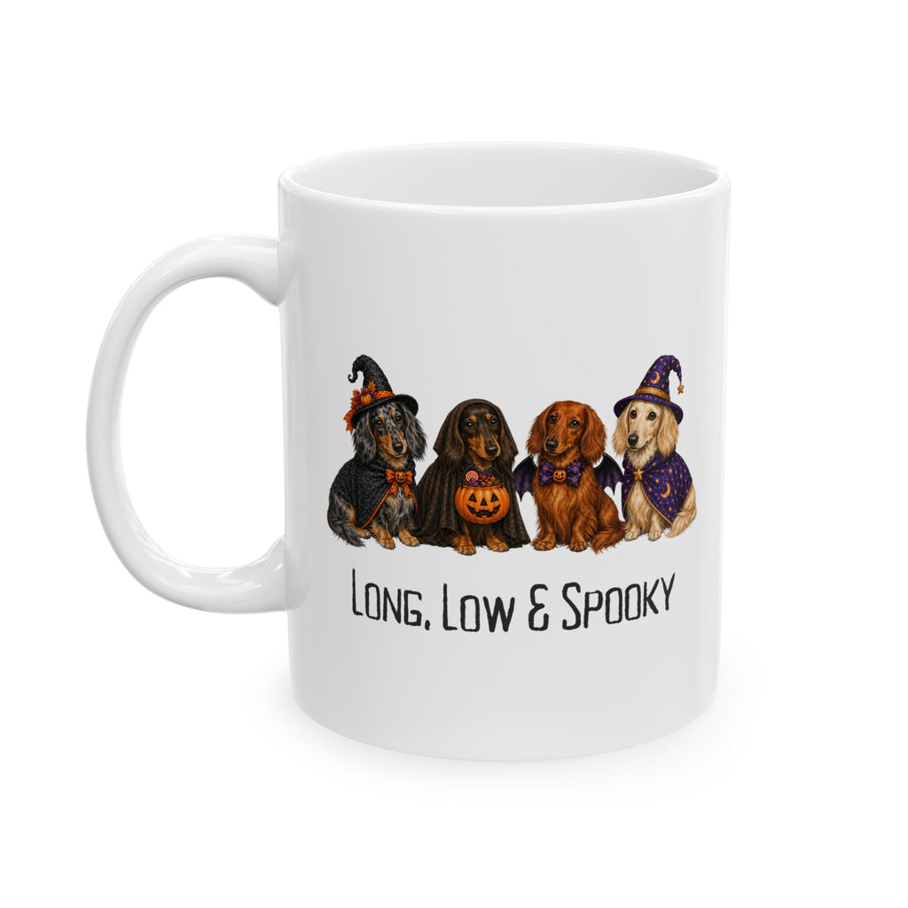 Dachshund Halloween Mug, Long Low Spooky Wiener Dog Coffee Cup Gift
