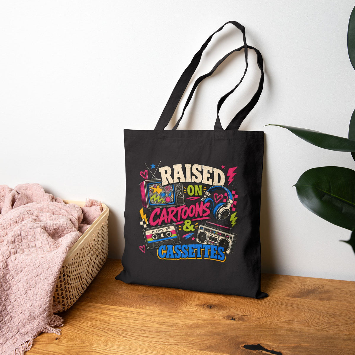 Retro Tote Bag, Raised Cartoons Cassettes, 80s 90s Nostalgia Gift