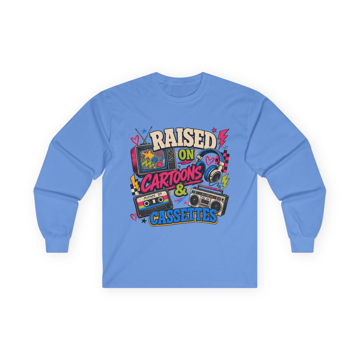 Retro Nostalgia Shirt, Raised On Cartoons Cassettes Tee, 80s Kids Boombox Graphic