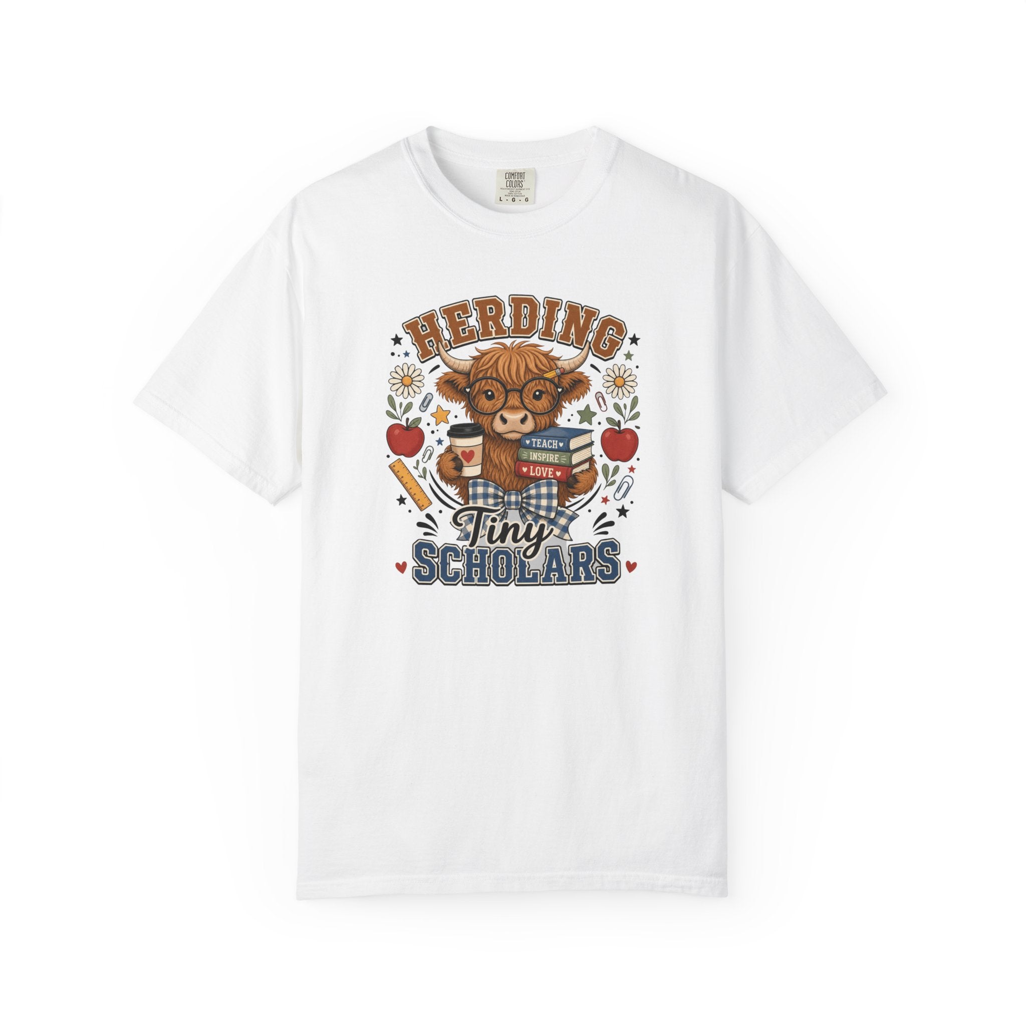 Herding Tiny Scholars Teacher Shirt | Highland Cow Graphic Tee | Back to School Teacher T-Shirt