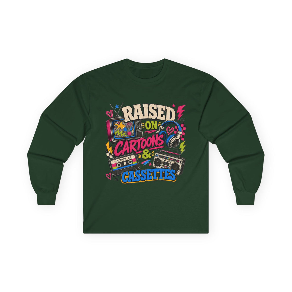 Retro Nostalgia Shirt, Raised On Cartoons Cassettes Tee, 80s Kids Boombox Graphic