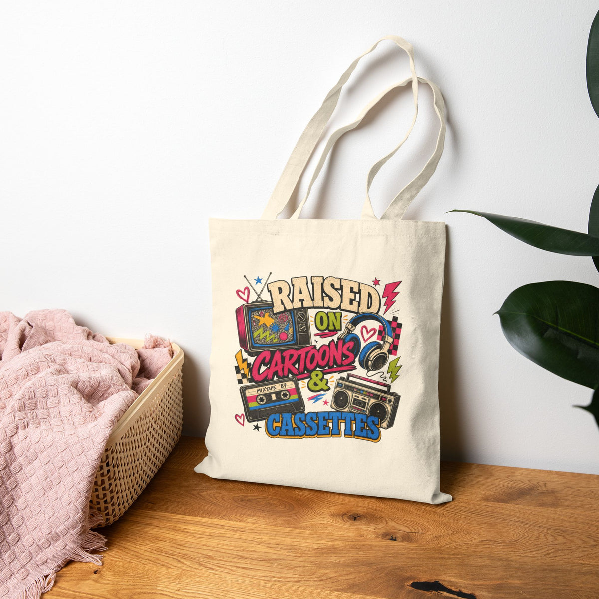 Retro Tote Bag, Raised Cartoons Cassettes, 80s 90s Nostalgia Gift