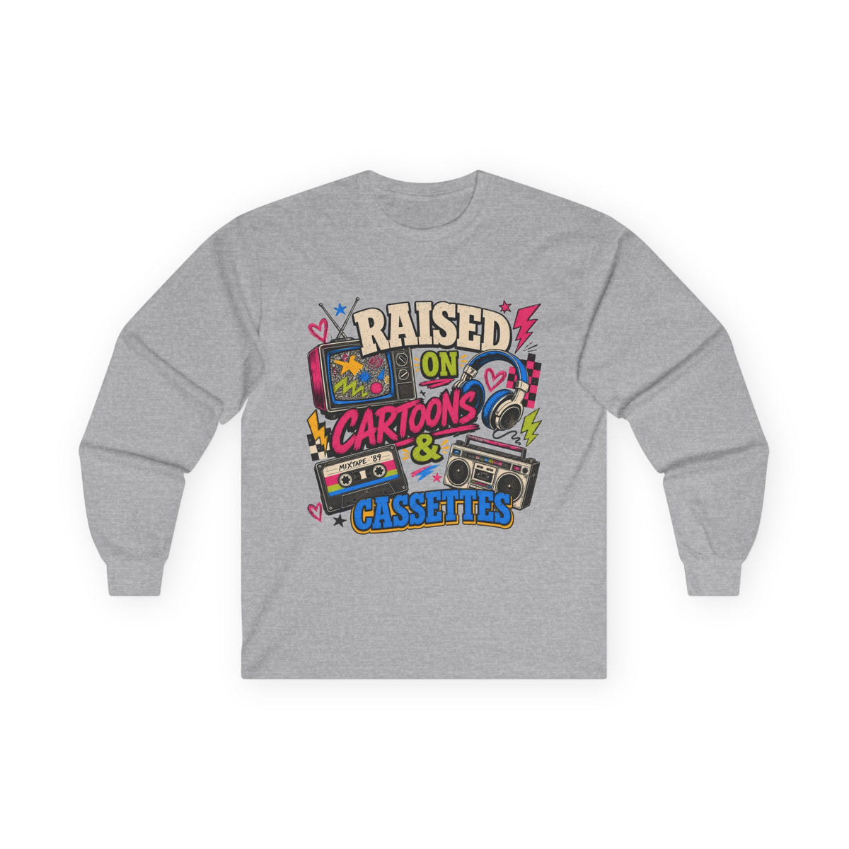 Retro Nostalgia Shirt, Raised On Cartoons Cassettes Tee, 80s Kids Boombox Graphic