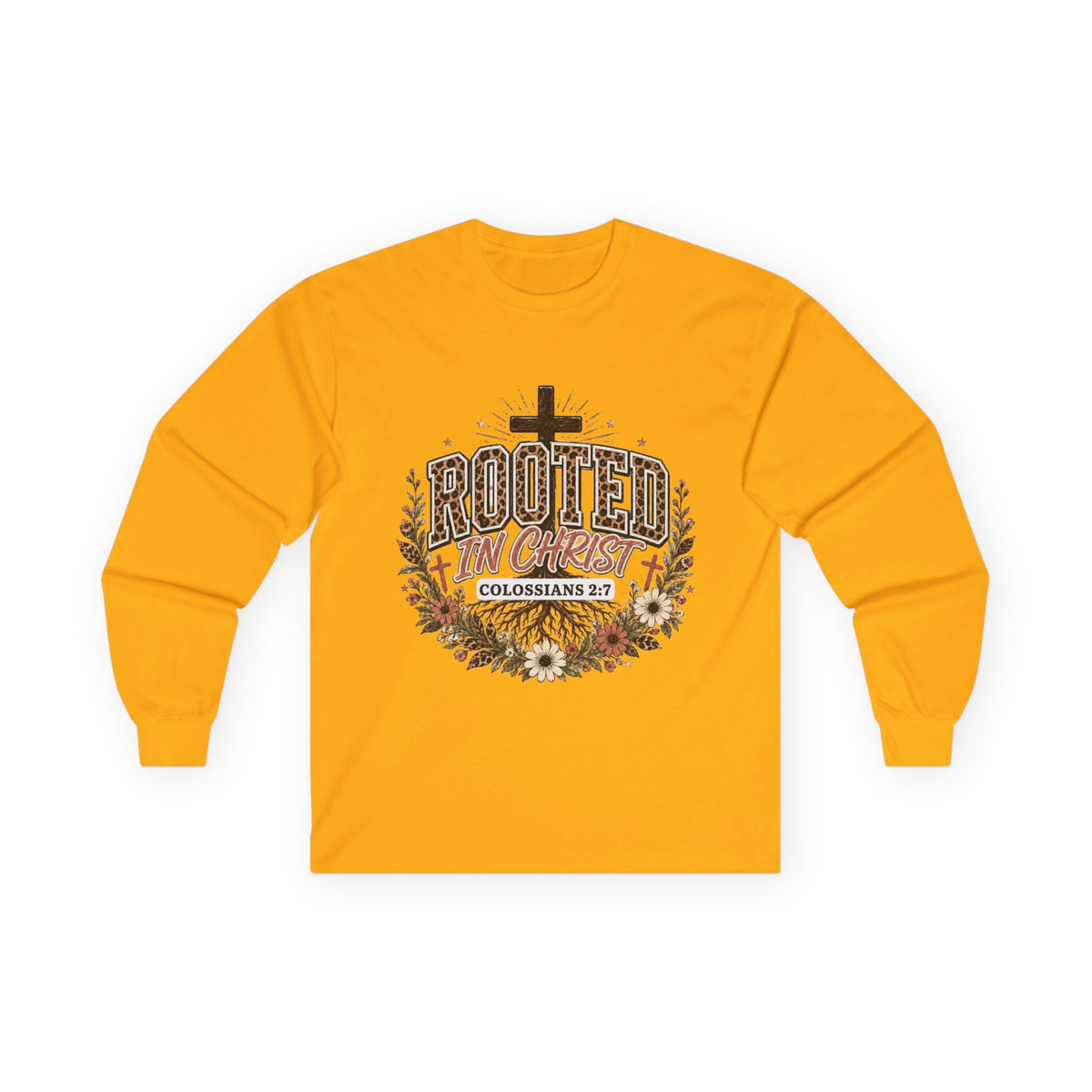 Christian Long Sleeve Shirt, Rooted In Christ Colossians 2:7 Cross Floral Leopard Graphic