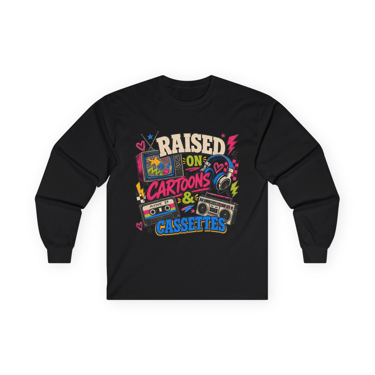 Retro Nostalgia Shirt, Raised On Cartoons Cassettes Tee, 80s Kids Boombox Graphic