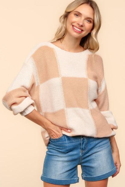Haptics Full Size Checkered Round Neck Drop Shoulder Sweater - Danielle and Jason Baker LLC - Danielle Baker's Boutique