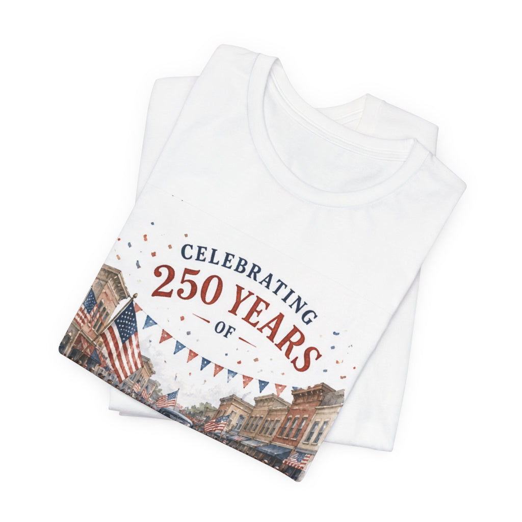 White t-shirt with "Celebrating 250 Years" text and American flag buildings.