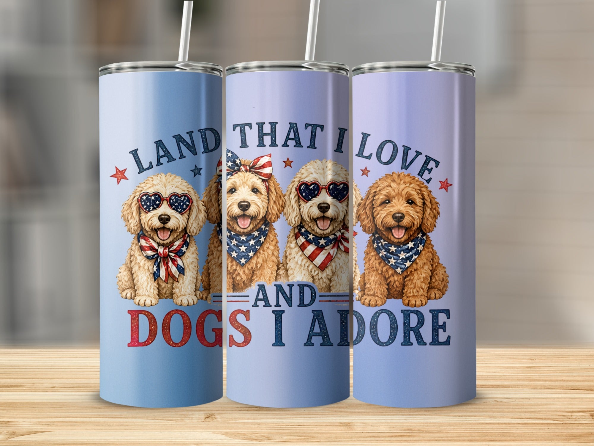 Three tumblers with patriotic dogs, "Land That I Love and Dogs I Adore" text.