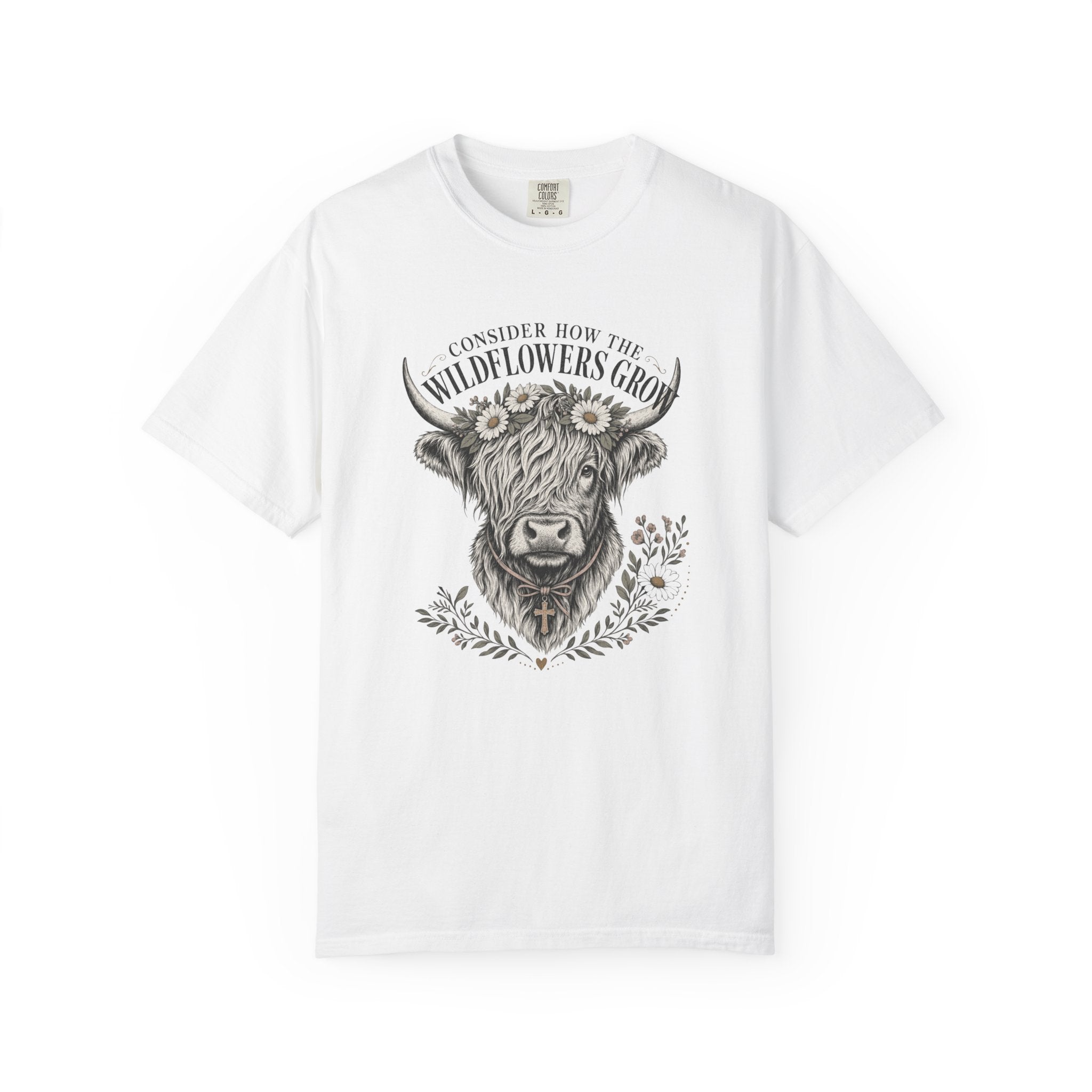 Consider How the Wildflowers Grow Highland Cow Shirt | Christian Farmhouse Graphic Tee