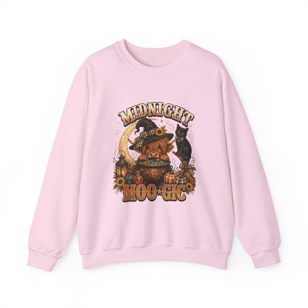 Halloween Highland Cow Sweatshirt, Midnight Moo-gic Witchy Black Cat Pumpkin Graphic