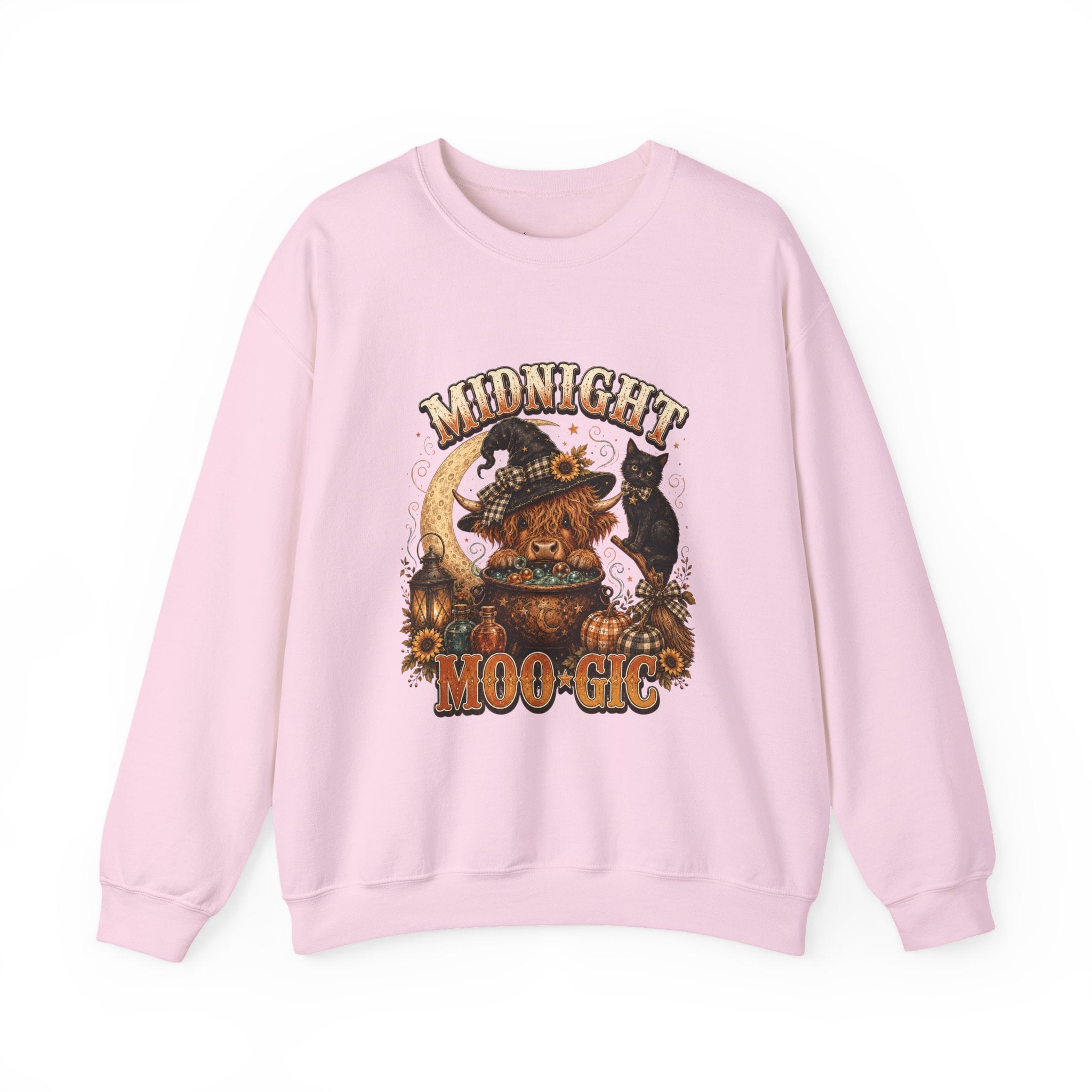 Halloween Highland Cow Sweatshirt, Midnight Moo-gic Witchy Black Cat Pumpkin Graphic