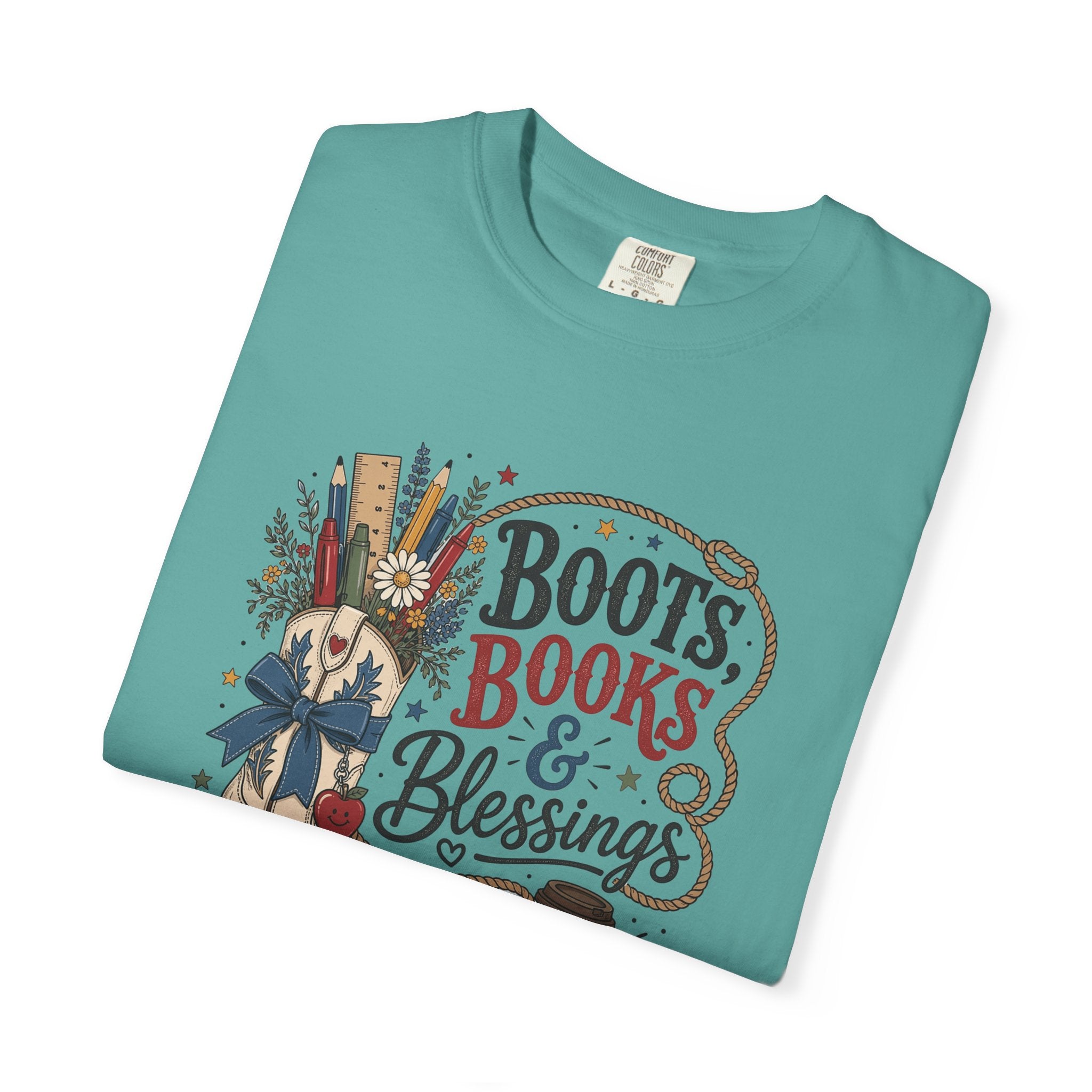 Boots, Books & Blessings Teacher Shirt, Western Cowgirl Classroom Tee, Back to School Faith Graphic Shirt