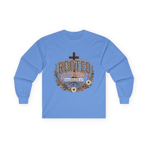 Christian Long Sleeve Shirt, Rooted In Christ Colossians 2:7 Cross Floral Leopard Graphic
