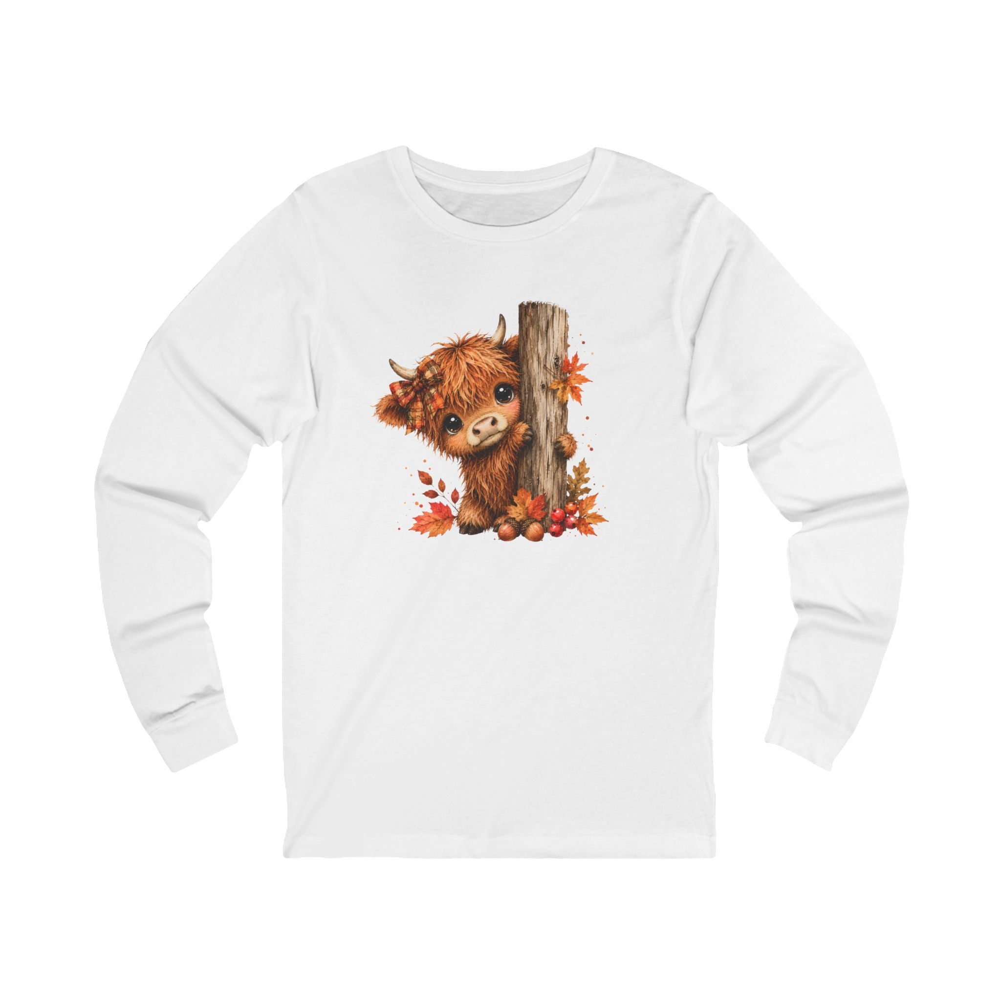 Fall Woodland Whimsical Baby Highland Cow Bella and Canvas Long Sleeve Shirt