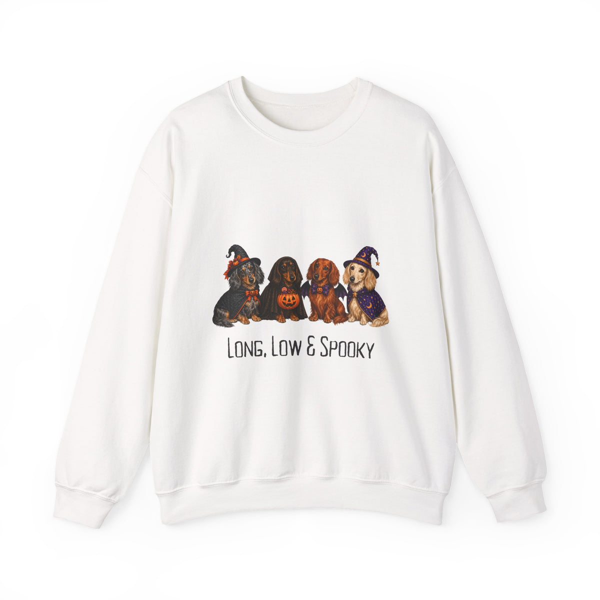 Dachshund Halloween Sweatshirt, Long Low Spooky Wiener Dog Fall Pullover Gift