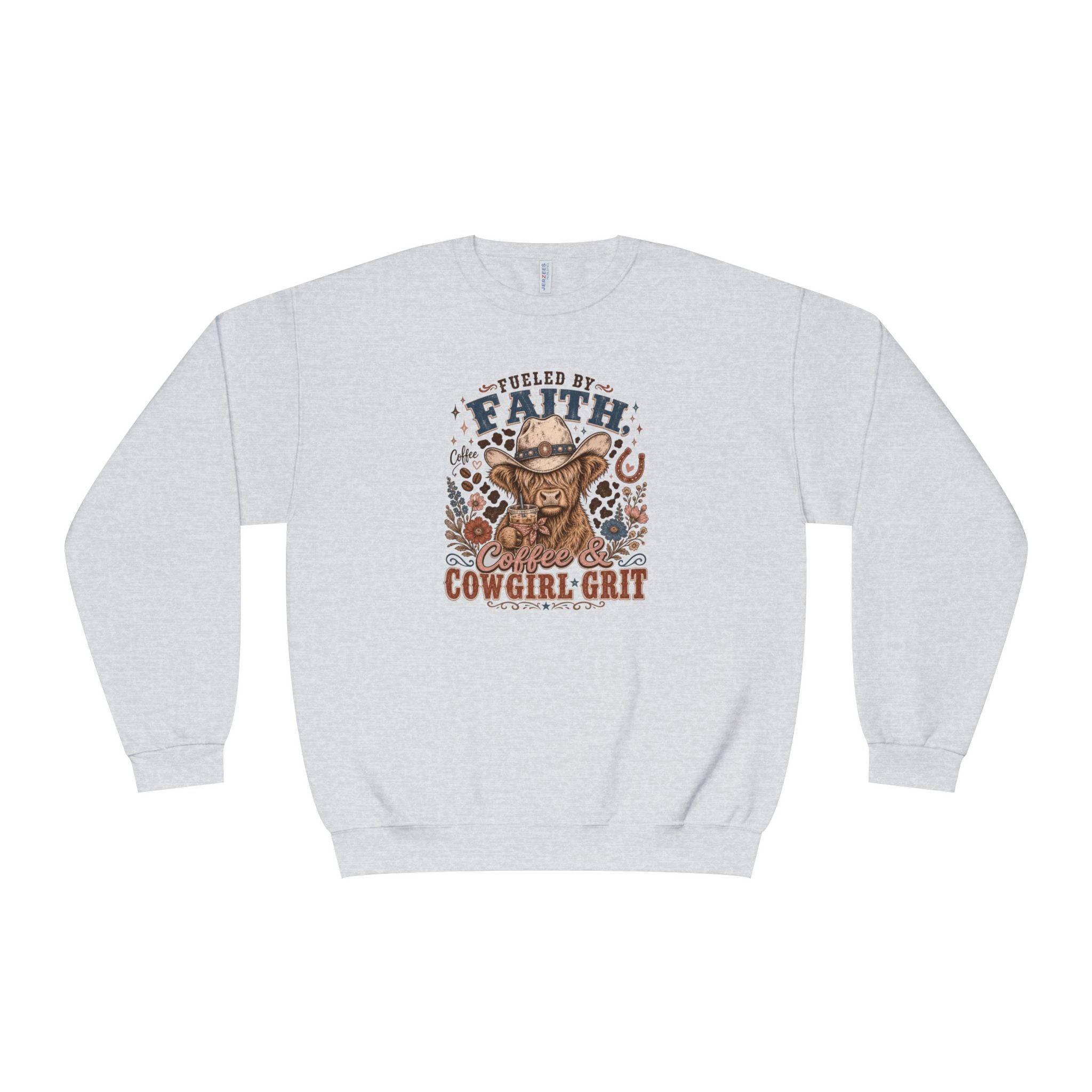 Fueled By Faith Coffee Cowgirl Grit Sweatshirt, Highland Cow Western Christian Farmhouse Crewneck