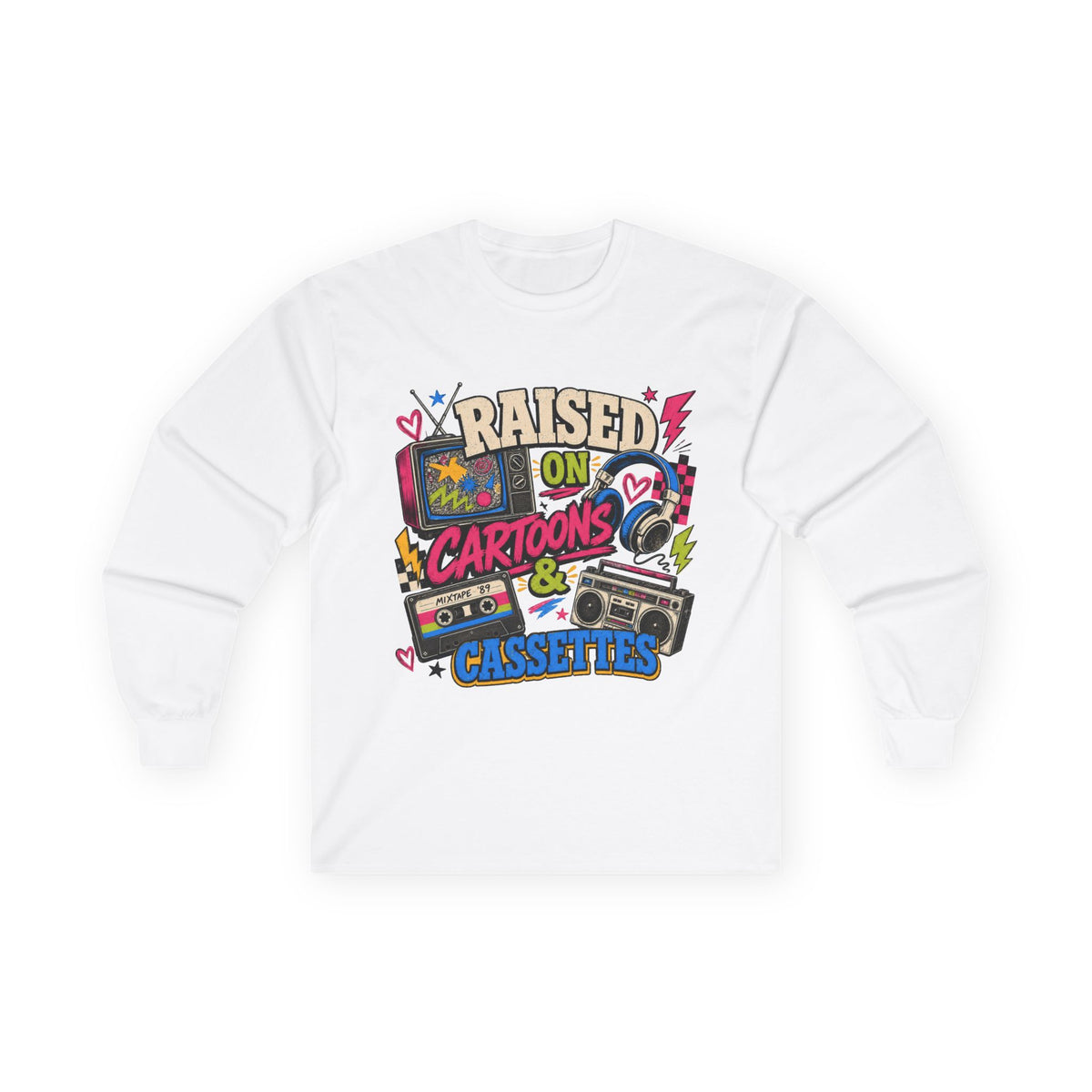 Retro Nostalgia Shirt, Raised On Cartoons Cassettes Tee, 80s Kids Boombox Graphic