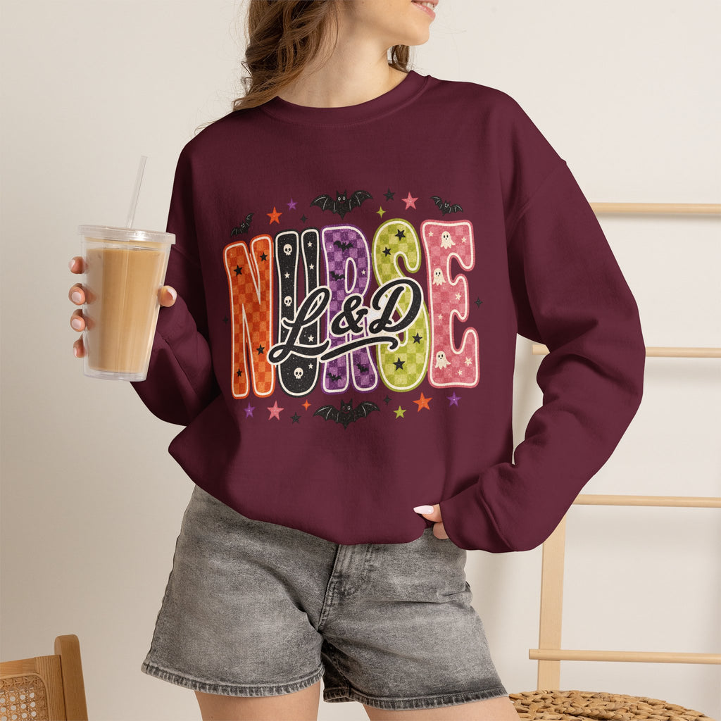 L&D Labor and Delivery Nurse Halloween Sweatshirt, Retro Spooky Baby Nurse Crewneck