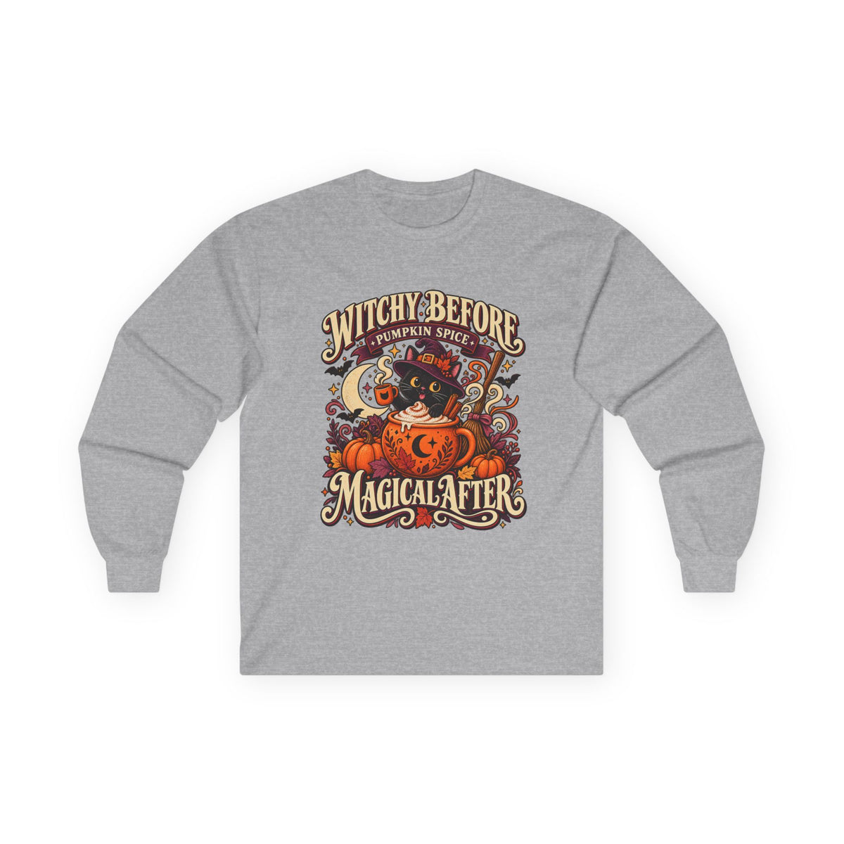 Halloween Long Sleeve, Witchy Pumpkin Spice Pullover, Black Cat Coffee Fall Graphic