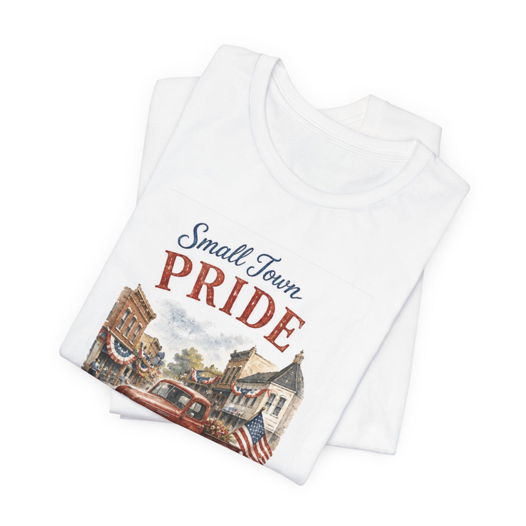 T-shirt with "Small Town PRIDE" and vintage street scene illustration.