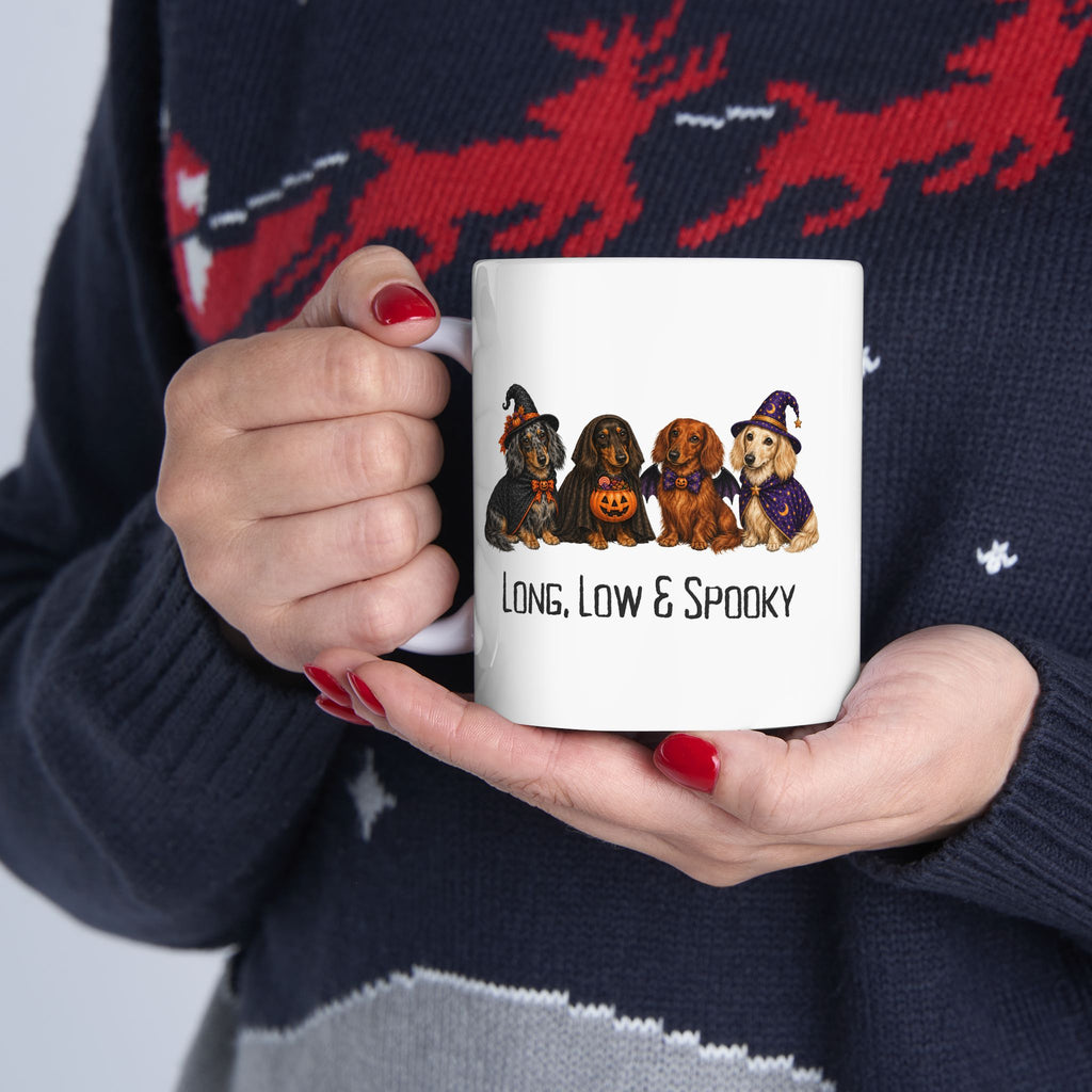 Dachshund Halloween Mug, Long Low Spooky Wiener Dog Coffee Cup Gift