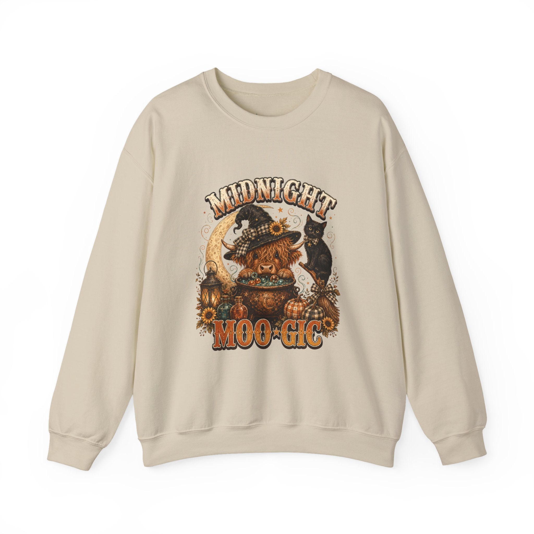 Halloween Highland Cow Sweatshirt, Midnight Moo-gic Witchy Black Cat Pumpkin Graphic