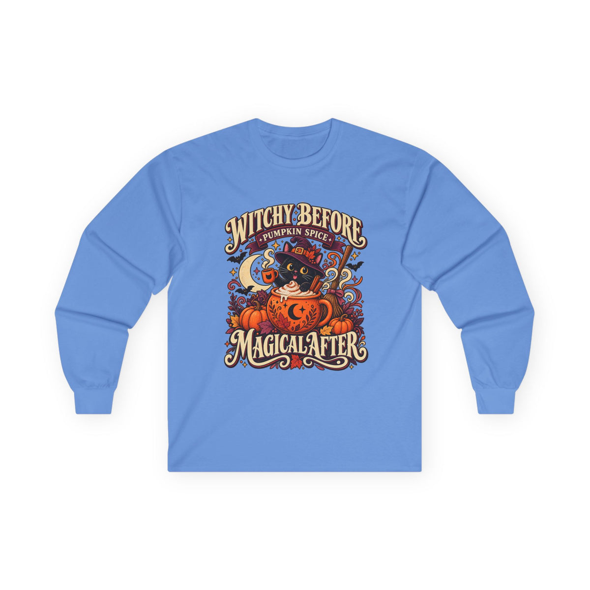 Halloween Long Sleeve, Witchy Pumpkin Spice Pullover, Black Cat Coffee Fall Graphic