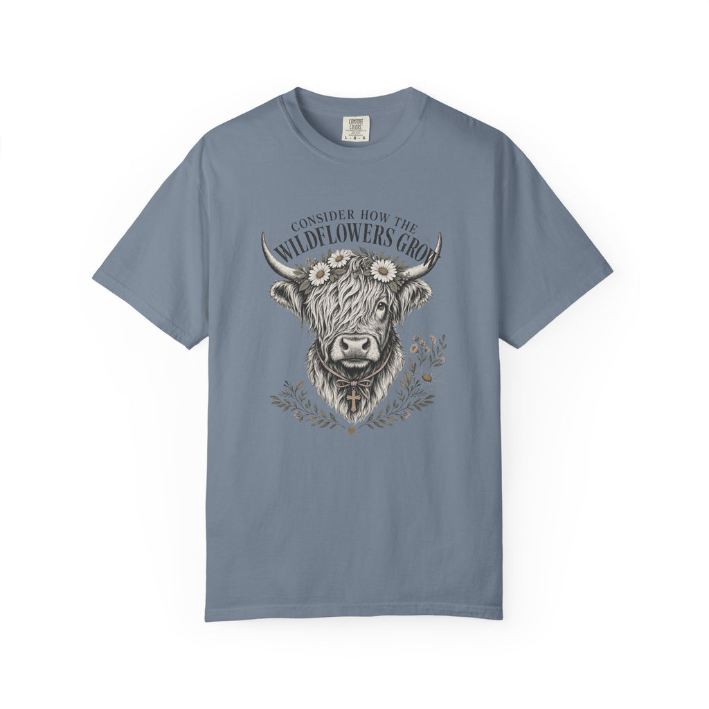 Consider How the Wildflowers Grow Highland Cow Shirt | Christian Farmhouse Graphic Tee