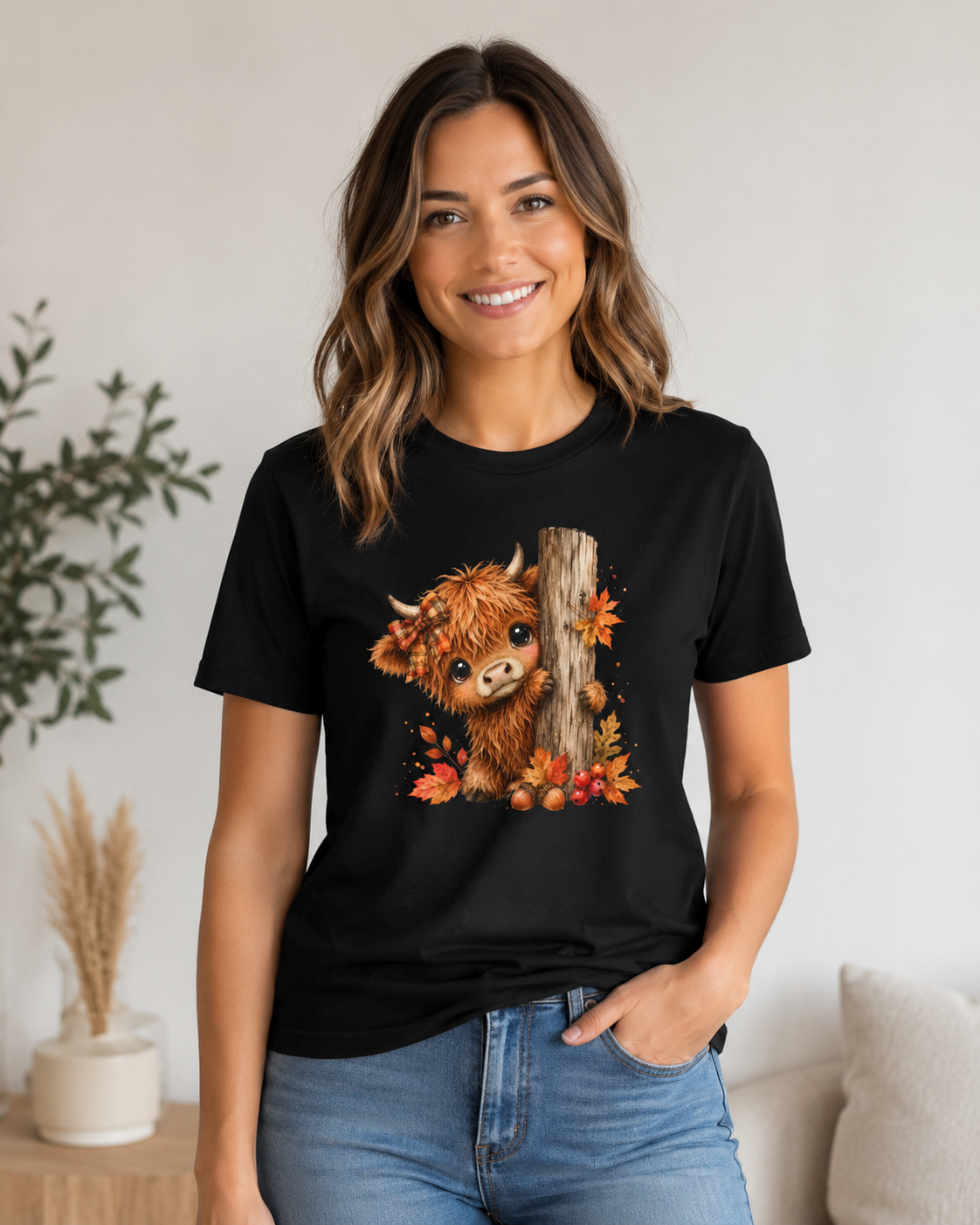 Fall Woodland Baby Highland Cow Animal T-Shirt