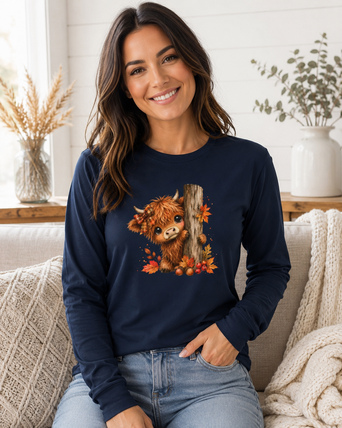 Fall Woodland Whimsical Baby Highland Cow Bella and Canvas Long Sleeve Shirt