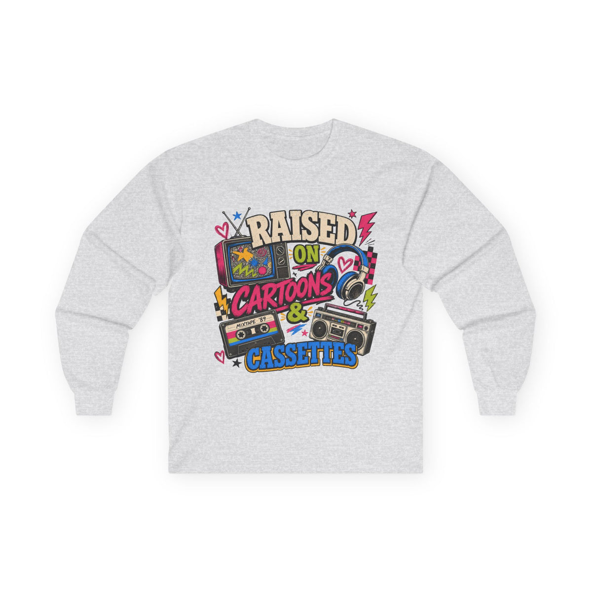 Retro Nostalgia Shirt, Raised On Cartoons Cassettes Tee, 80s Kids Boombox Graphic
