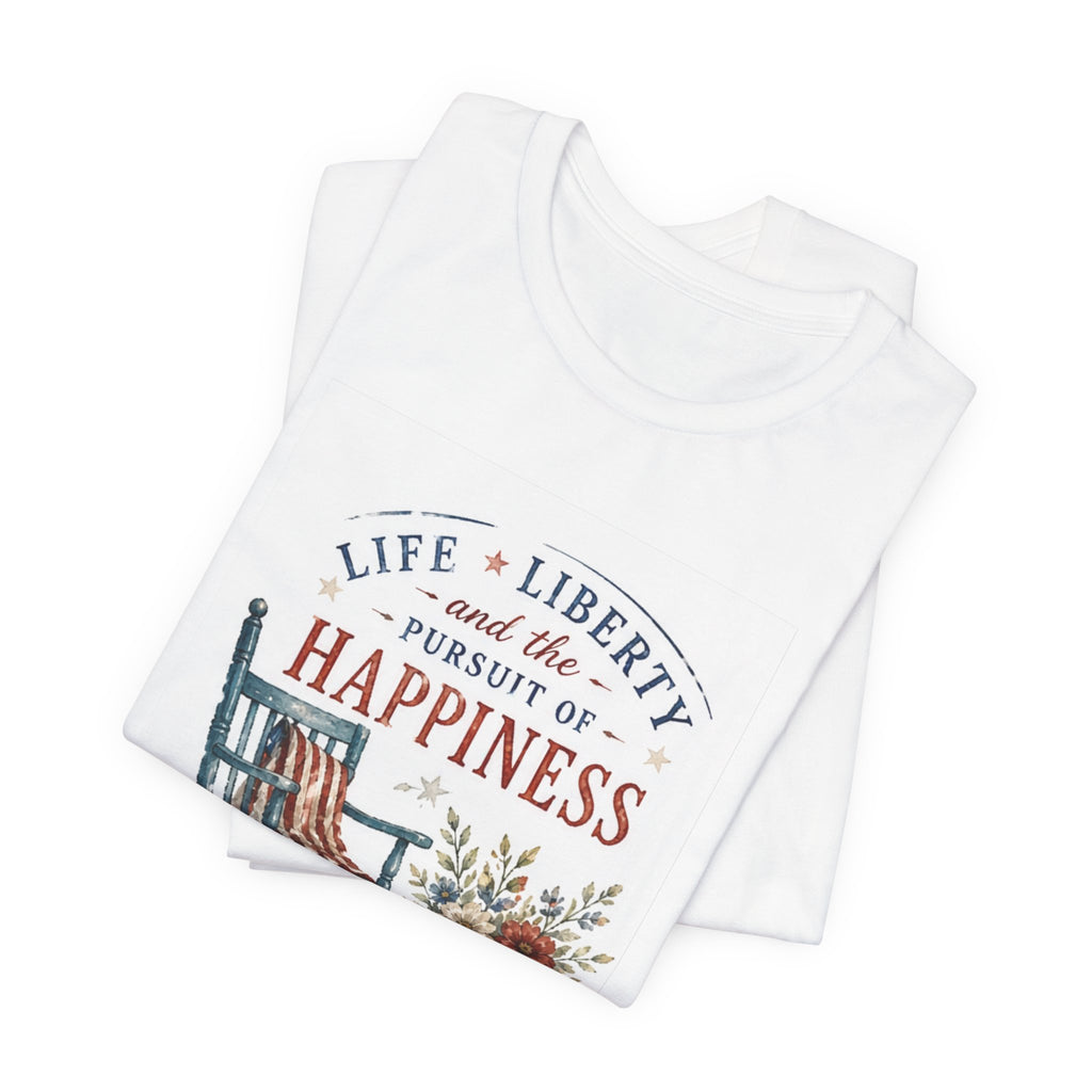 White t-shirt with "Life, Liberty and the Pursuit of Happiness" and rocking chair graphic.
