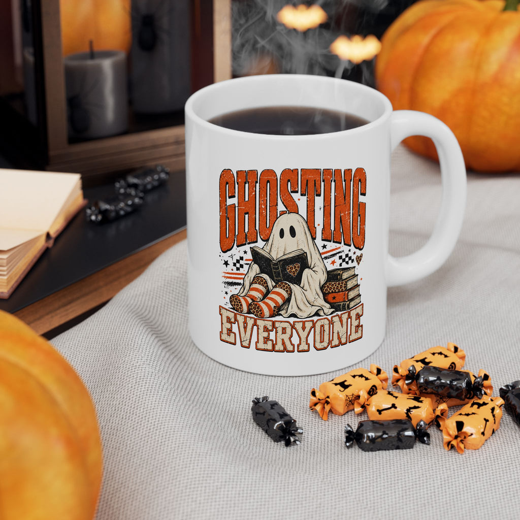 Book Lover Halloween Mug, Ghosting Everyone Coffee Cup, Cozy Reader Gift
