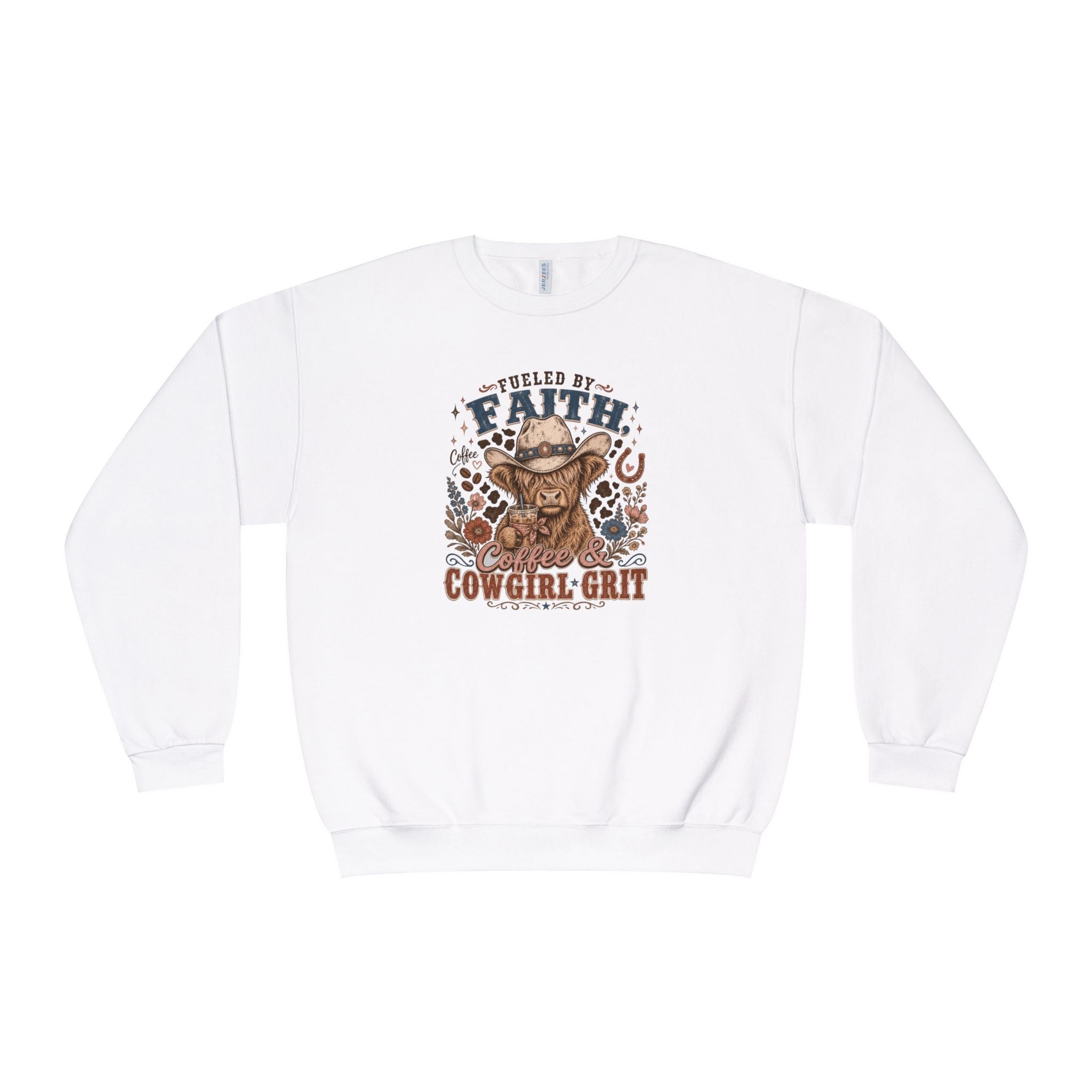 Fueled By Faith Coffee Cowgirl Grit Sweatshirt, Highland Cow Western Christian Farmhouse Crewneck