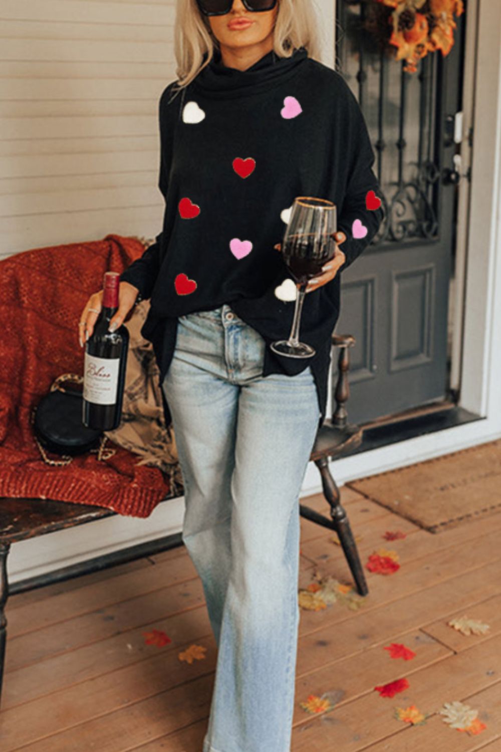 Valentine’s Day Heart Patched Turtleneck Long Sleeve Top - Danielle and Jason Baker LLC - Danielle Baker's Boutique