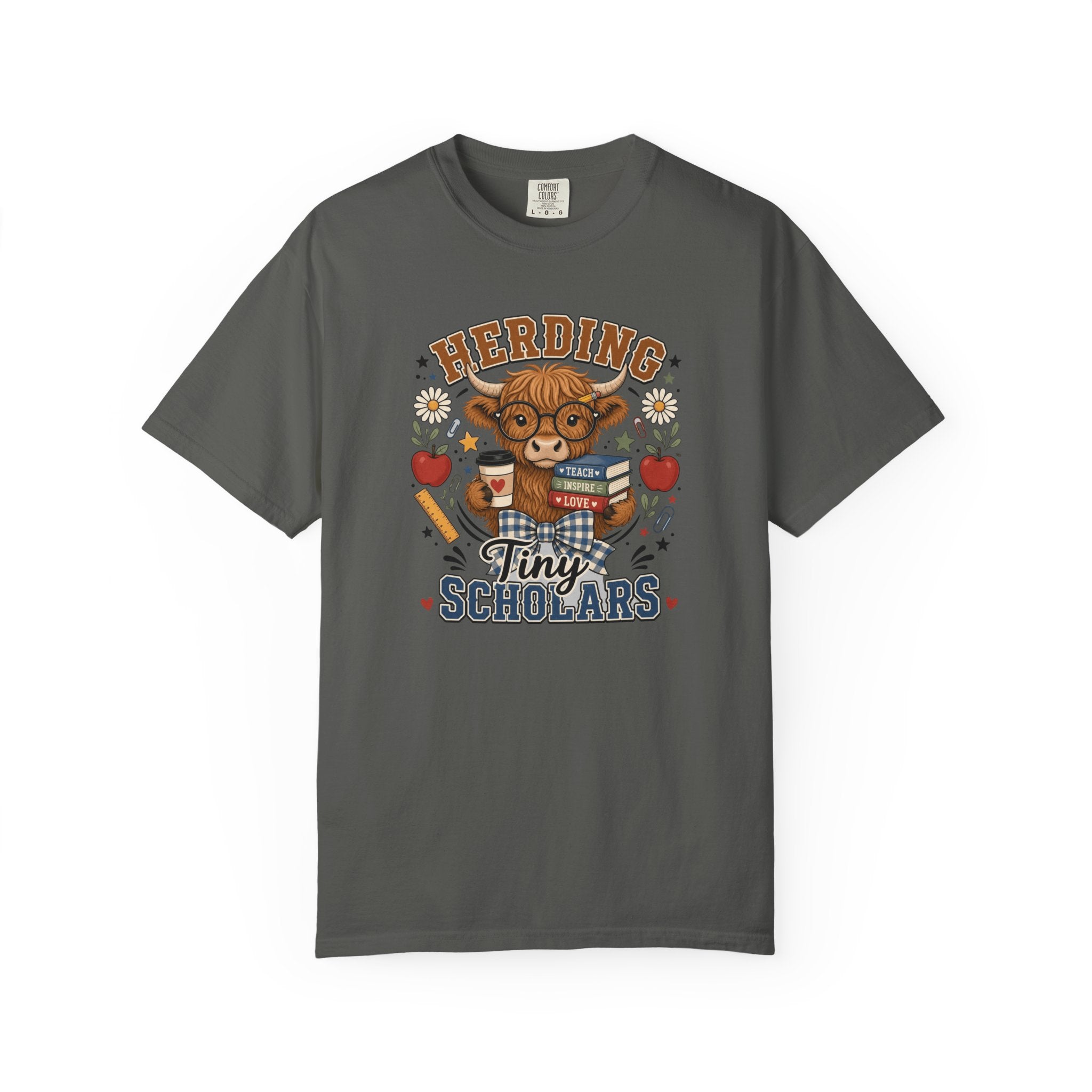 Herding Tiny Scholars Teacher Shirt | Highland Cow Graphic Tee | Back to School Teacher T-Shirt