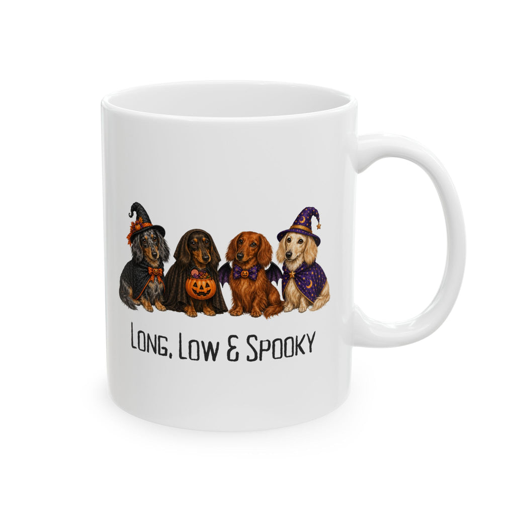 Dachshund Halloween Mug, Long Low Spooky Wiener Dog Coffee Cup Gift